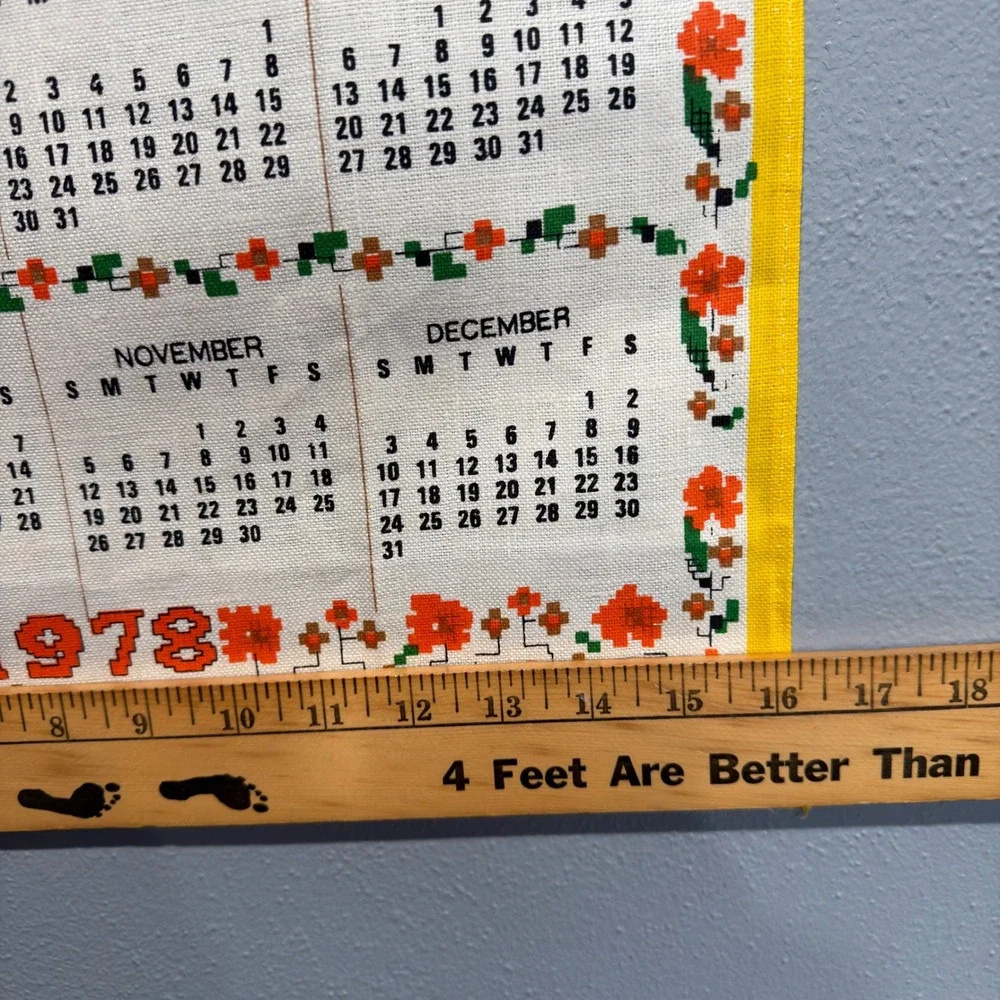 Vintage 1978 Bless This House Linen Calendar Tea Towel Wall Hanging Yellow 16x28